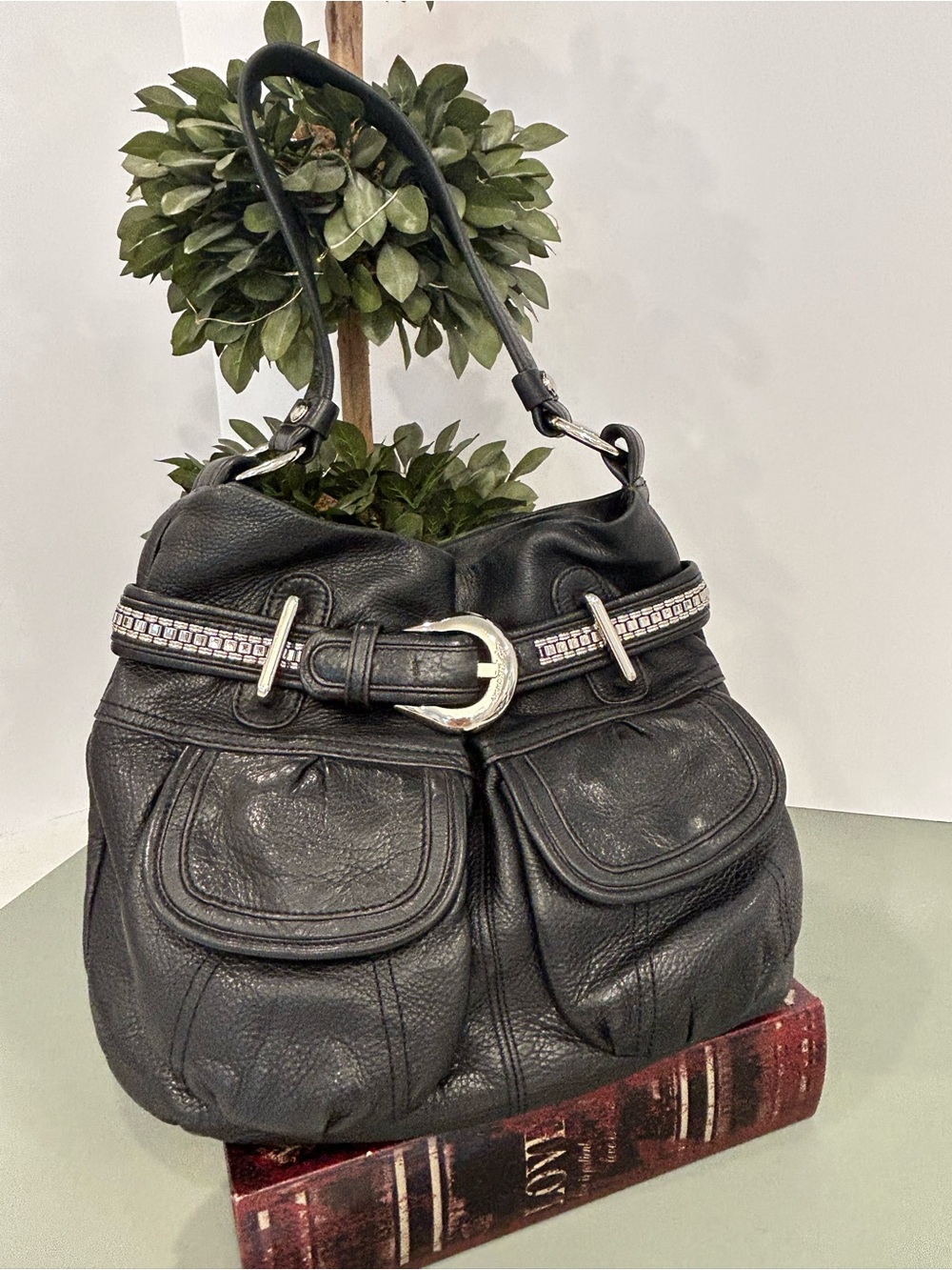 b. makowsky Black Leather Shoulder Bag with Silver Belt Trim